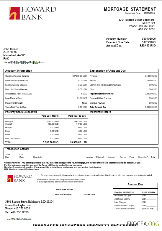 USA Maryland Howard Business Bank relevé hypothécaire aux formats Word et PDF